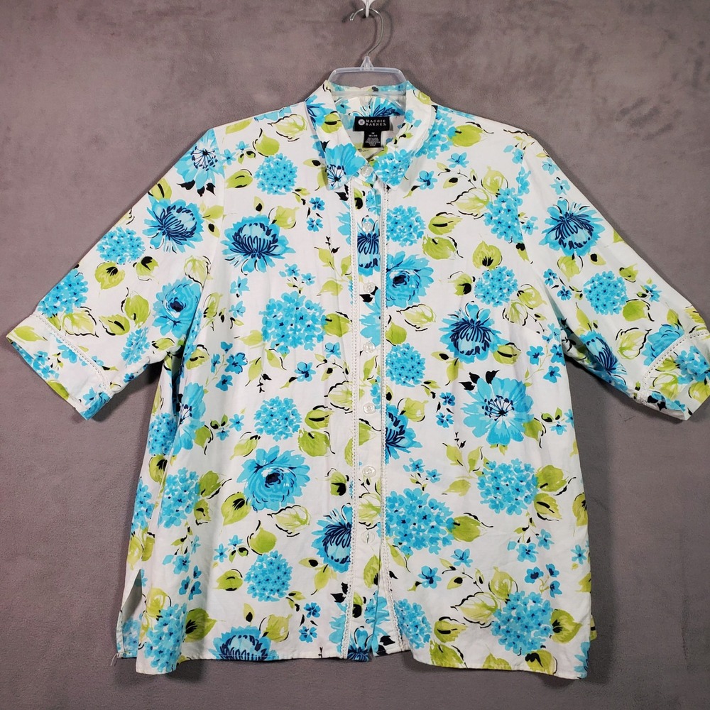 Maggie Barnes Button Up Shirt‎ Womens 1X Blue Floral Linen Blend Coastal Boho